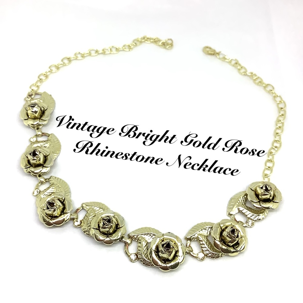 🆕Vintage Bright Gold & Rhinestone Rose Necklace